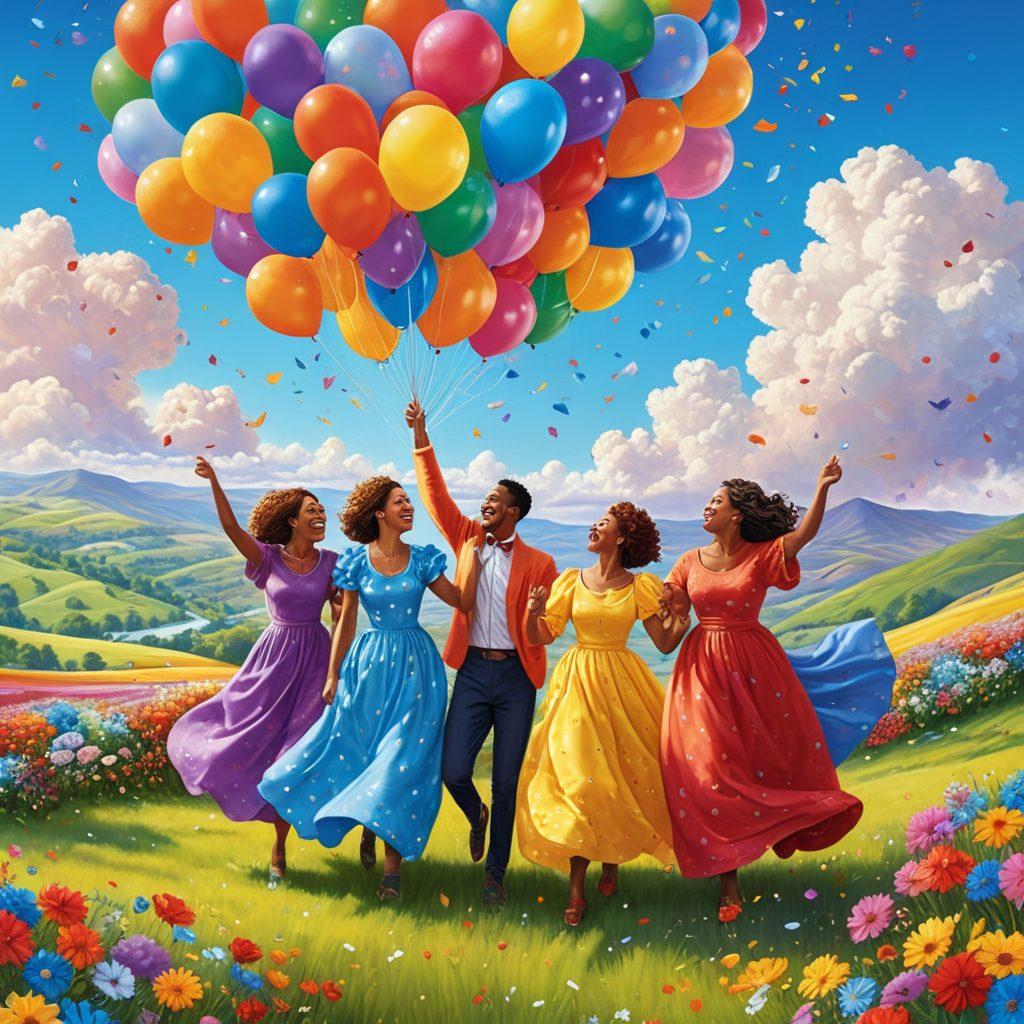 A vibrant and whimsical illustration of a diverse group of joyful people celebrating in a colorful landscape filled with gentle rolling hills and blooming flowers. Each person showcases unique curvy features, embracing their individuality with laughter and dance. Balloons and confetti float in the air, symbolizing blissful experiences. The sky is bright blue with fluffy white clouds, evoking a sense of freedom and happiness. super-realistic. vibrant colors. cheerful atmosphere.