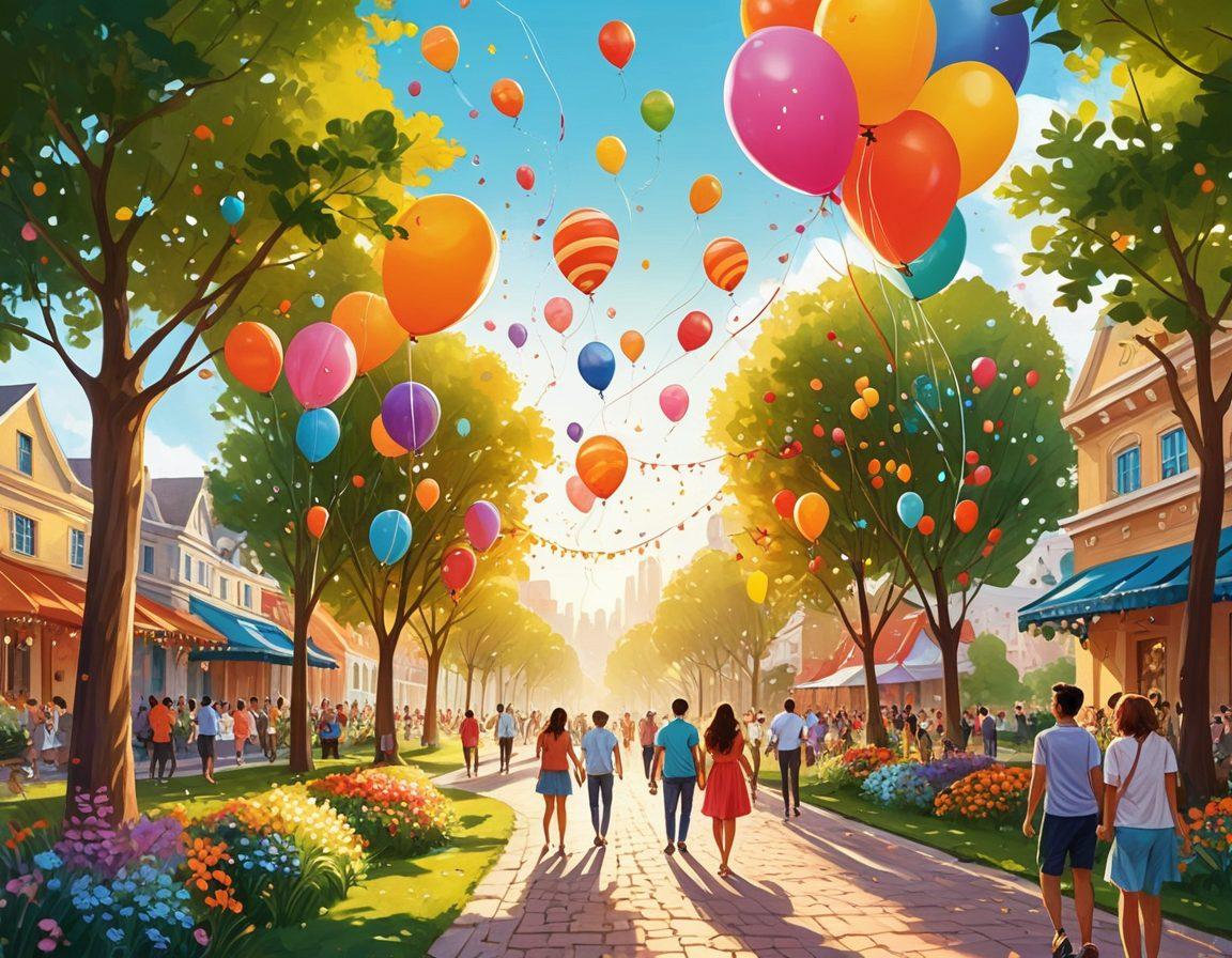 A vibrant scene celebrating joyful moments with curves, showcasing a diverse group of people enjoying life in a colorful city park. The focus is on their playful interactions and laughter, surrounded by lush greenery and whimsical pathways that elegantly curve. Bright balloons and kites add a festive touch to the atmosphere, symbolizing freedom and happiness. The sunlight casts a warm glow, enhancing the cheerful vibe. illustration, vibrant colors, whimsical style.
