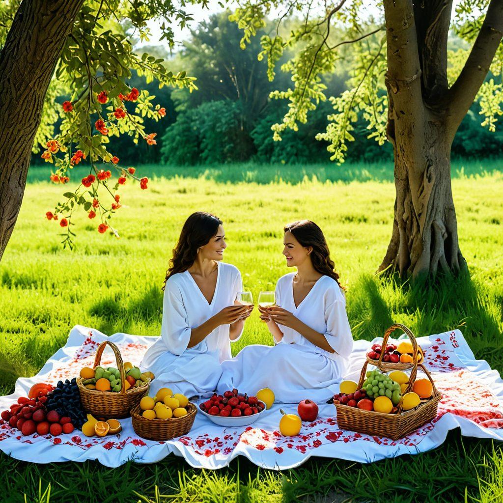 A serene scene showcasing a person joyfully surrounded by lush nature, indulging in a lavish picnic with vibrant fruits and flowers. Sunlight filters through the trees, casting golden rays while the individual smiles, embodying pure bliss. Elements of luxury, such as a cozy blanket and elegant glassware, enhance the moment of abundance and happiness. super-realistic. vibrant colors. natural setting.